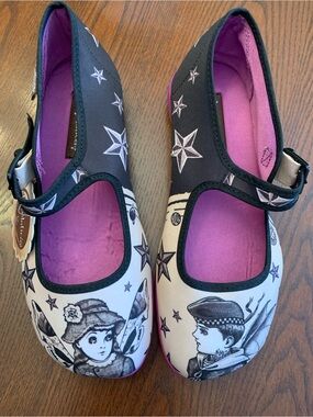 Star-Print Black & Cream Mary Jane Flats with Purple Insole